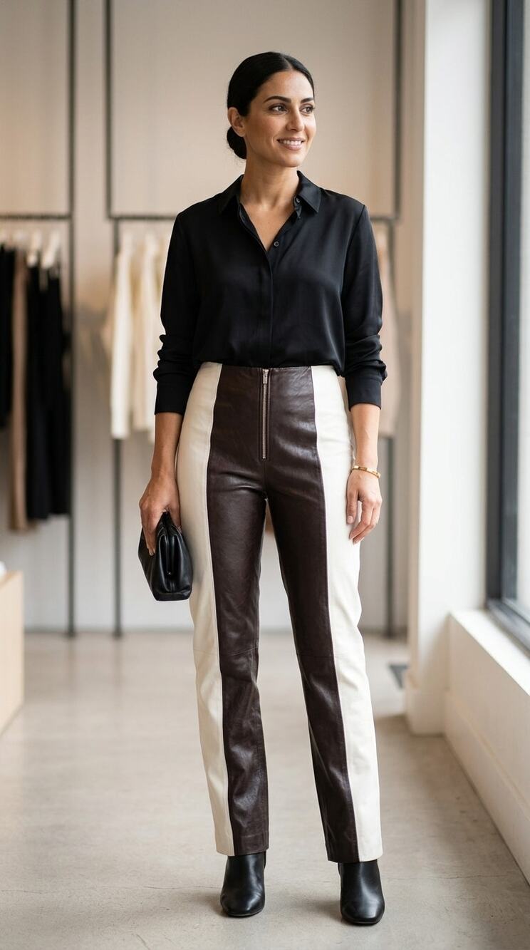 NWT L'Academie Leather Brown Straight Leg Colorblock Pants Women Size M